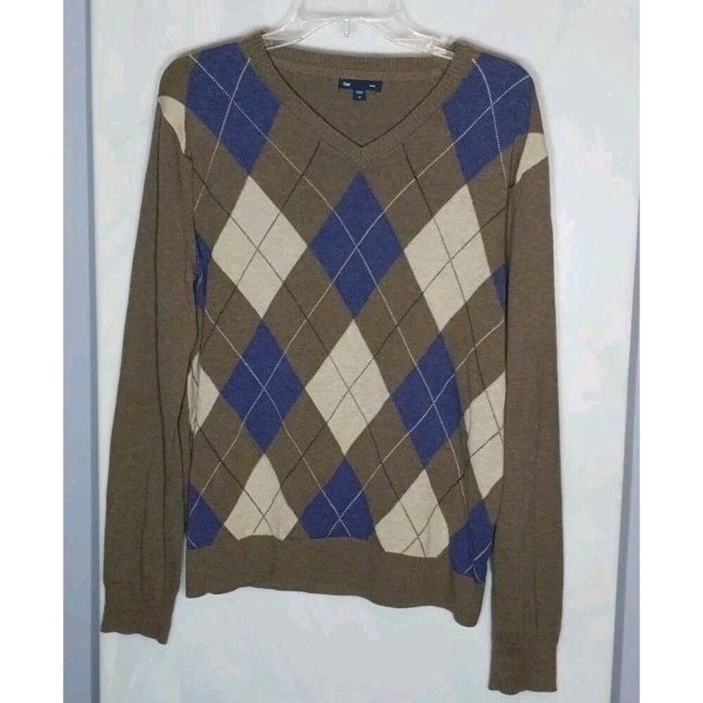 Gap Men's Argyle Sweater V-Neck Medium Brown Blue 100% Cotton Academia Preppy